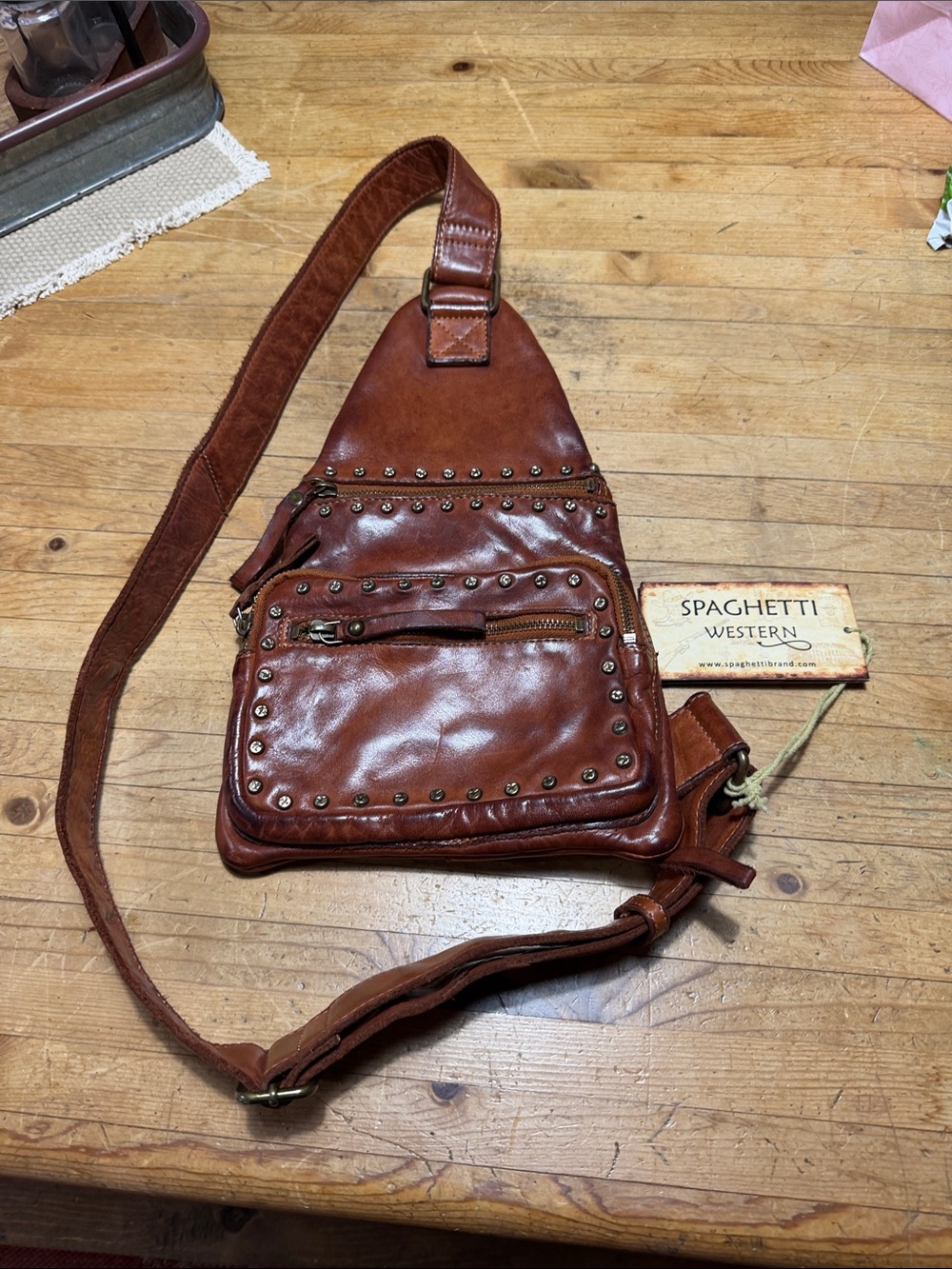 Brown Studded Leather Crossbody Sling Bag